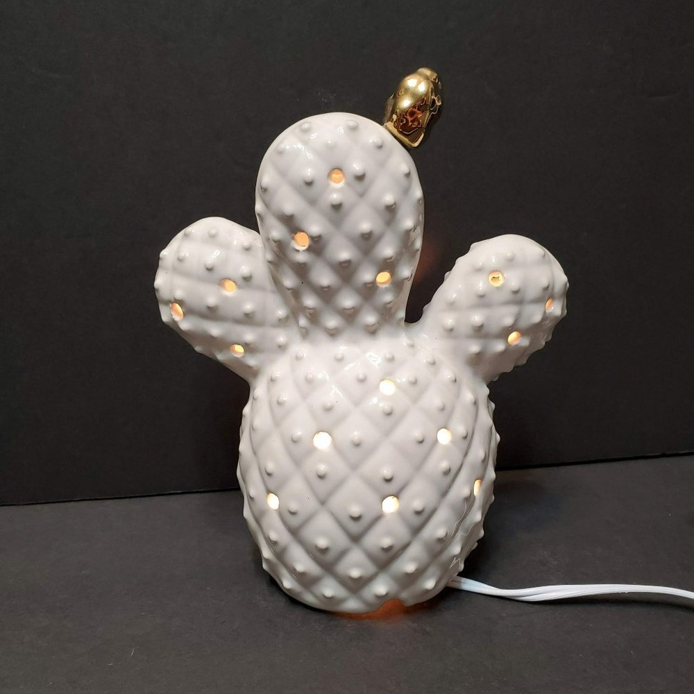 Light-Up Ceramic Cactus, White and Gold, Cactus Luminary, Pottery Succulent